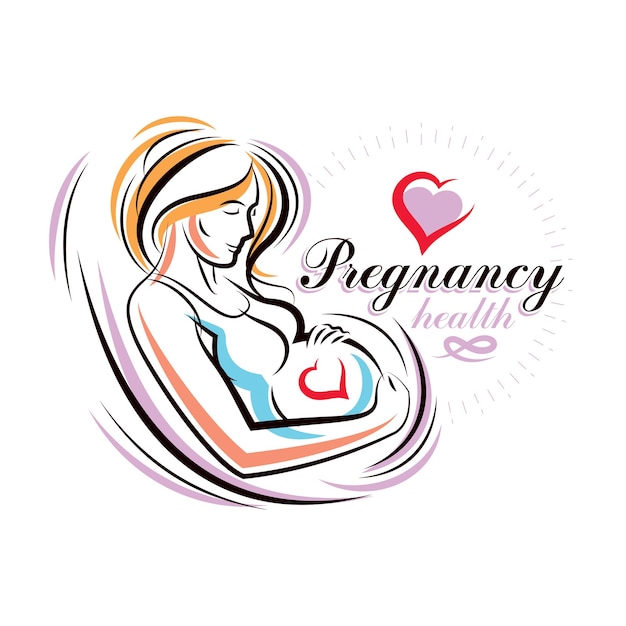 Elegant pregnant woman body silhouette drawing. Vector illustration of mother-to-be fondles her belly. Reproduction clinic advertising