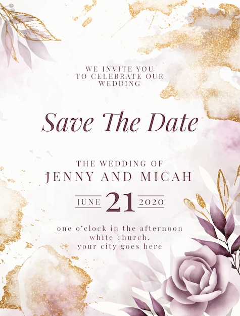 Vector elegant purple floral invitation background with gold ink splatter