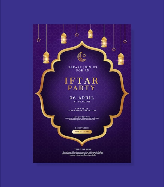 Vettore elegante viola ramadan kareem iftar party invitation card vettore