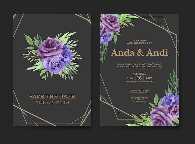 우아한 보라색 장미 꽃 결혼식 초대 카드 템플릿