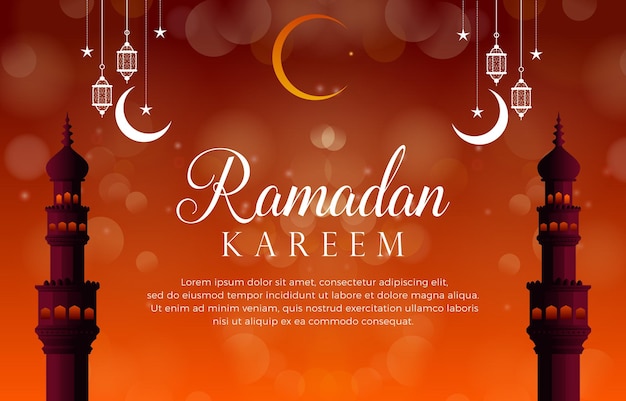 Elegant ramadan kareem 2023 banner with beautiful mosque illustration luxury shiny islamic ornament and abstract gradient red and orange background design