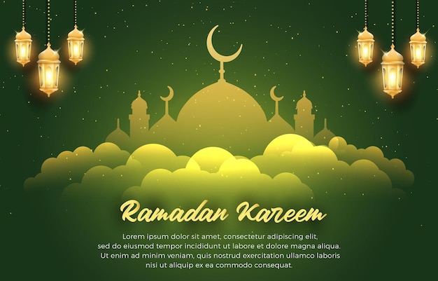 Elegant ramadan kareem 2023 with mosque illustration luxury shiny islamic ornament and abstract gradient green and yellow background design