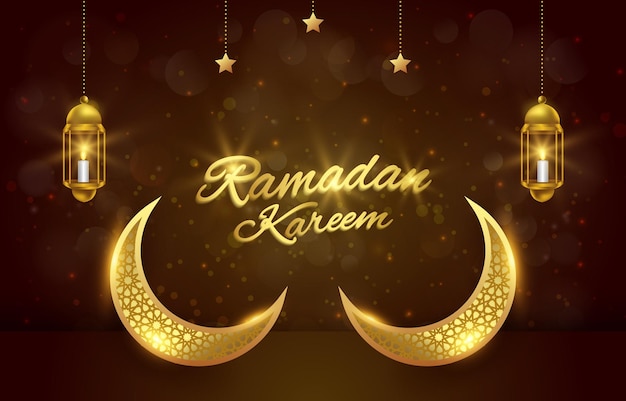 Elegant ramadan kareem illustration banner with shiny luxury light islamic ornament and abstract gradient red and brown background design