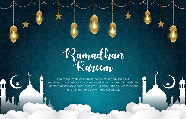 Elegant ramadan kareem mubarak banner with elegant luxury shiny islamic ornament and abstract gradient green and blue background