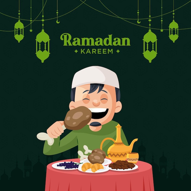 Elegant Ramadan Kareem-wenskaartontwerp met moslimman die voedsel eet