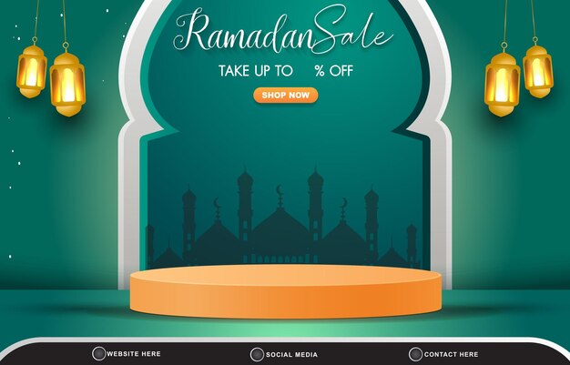 Elegant ramadan sale discount template banner with blank space 3d podium for product sale with abstract gradient green background design