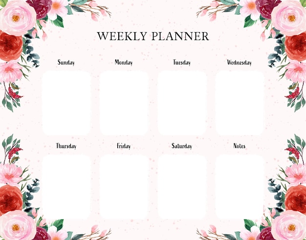 Elegant red and pink watercolor floral weekly planner