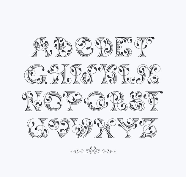 エレガントなレトロなグラフィカルな装飾フォント。ヴィンテージ文字のラテンアルファベット。