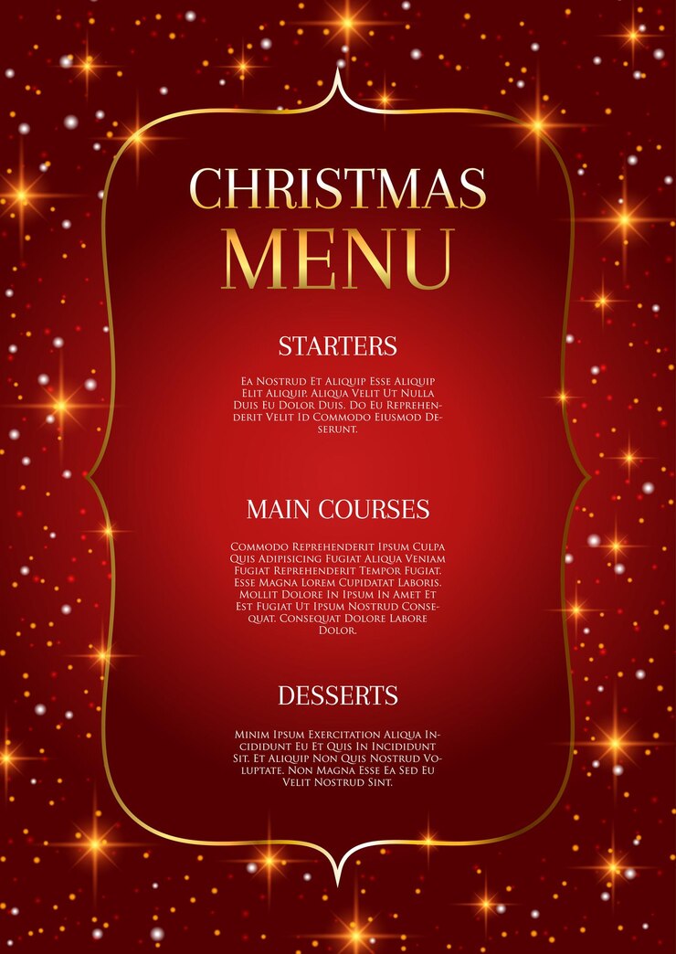 Vector elegant rood en goud kerstmenu ontwerp met gouden sterren