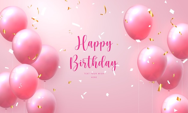 Elegant rose pink ballon and golden ribbon Happy Birthday celebration card banner template background