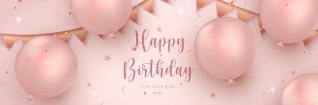 Vettore elegante rosa rosa dorato palloncino e decorazione del nastro buon compleanno celebrazione carta banner modello sfondo