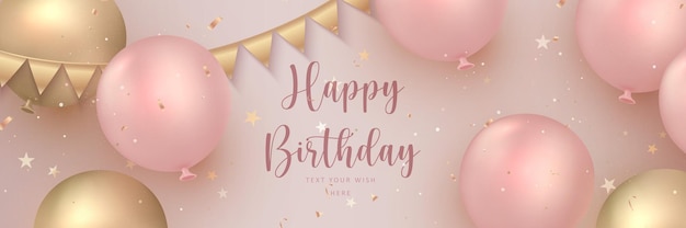 Elegant rose pink golden ballon and ribbon decoration Happy Birthday celebration card banner template background