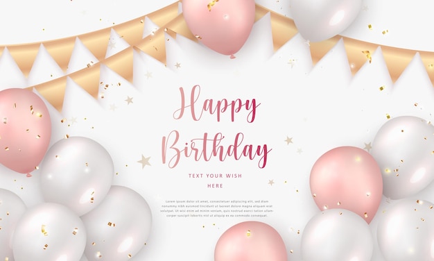 Elegant rose pink white silver ballon and golden ribbon happy birthday celebration card banner template background