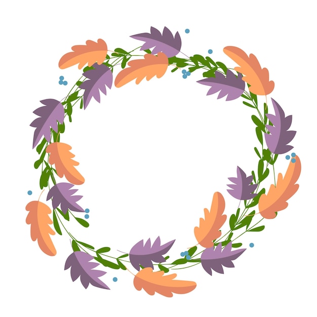 Elegant round frame, garland, wreath or border made of colorful fallen oak leaves, acorns, berries.