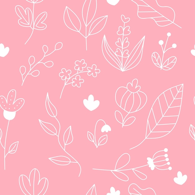 Elegant seamless floral pattern on pink background. Line flowers, Vector illustration