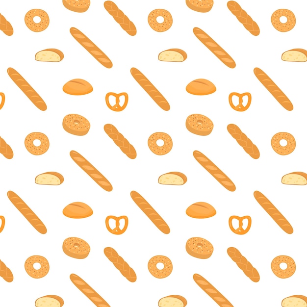 Elegant seamless pattern with different types of bread and delicious baked products on white background Backdrop with homemade pastry Baguette donut bagel Vector illustration for textile print