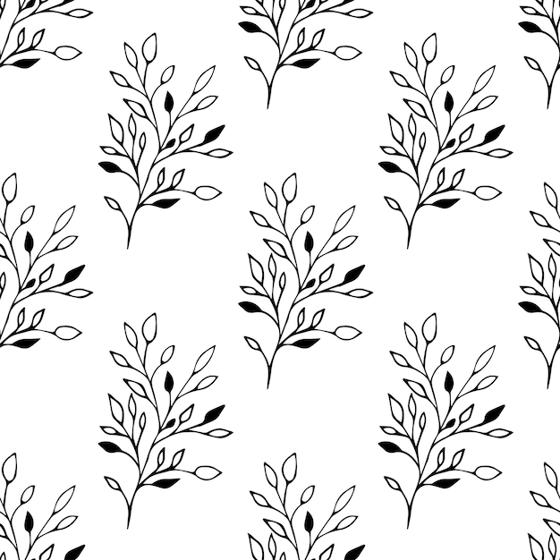 白い背景の上の手描きの枝とエレガントなシームレスパターン