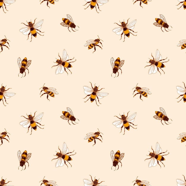 Elegant seamless pattern with honey bees on light background.