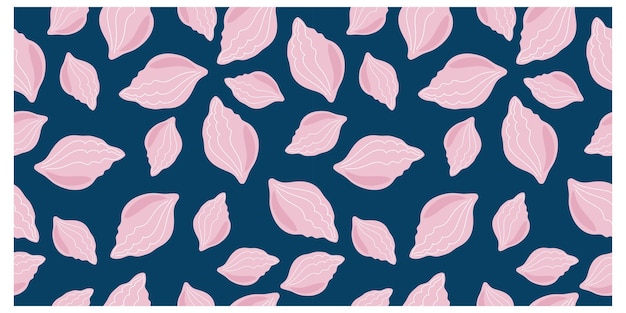 Elegant seamless pattern with pink hand drawn seashell on dark bleu background