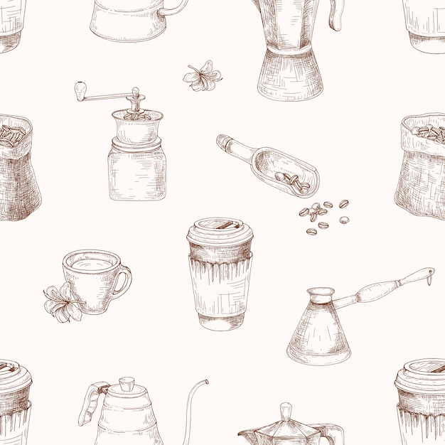 Elegant seamless pattern with tools for coffee brewing hand drawn with contour lines on light background. realistic illustration in vintage style for textile print, wrapping paper, wallpaper.