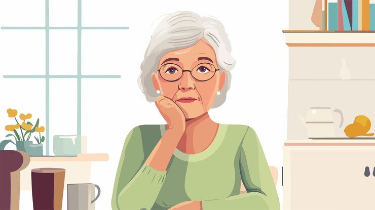 Vector elegant senior woman sitting at dining table with hand on chin