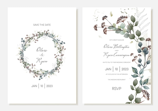 Vettore elegante set di biglietti d'invito per matrimoni rustici con foglie di piante e fiori secchi modello vettoriale