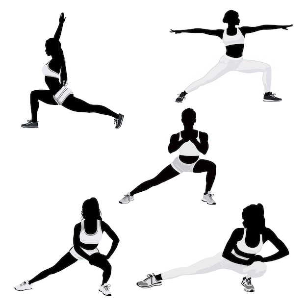 Vector elegant silhouettes vector illustration of squatting sportswomen in detailed athletic attire