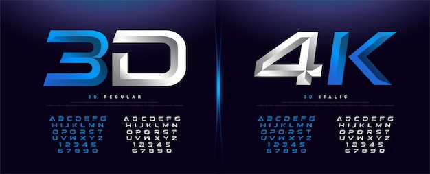 Vector elegant silver and blue 3d metal chrome alphabet