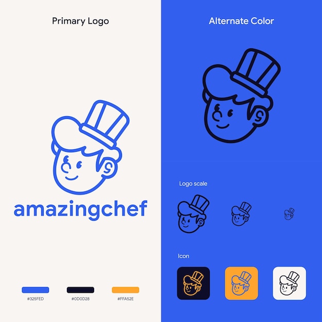 エレガントでシンプルなヘッドシェフのアウトラインロゴのコンセプト
