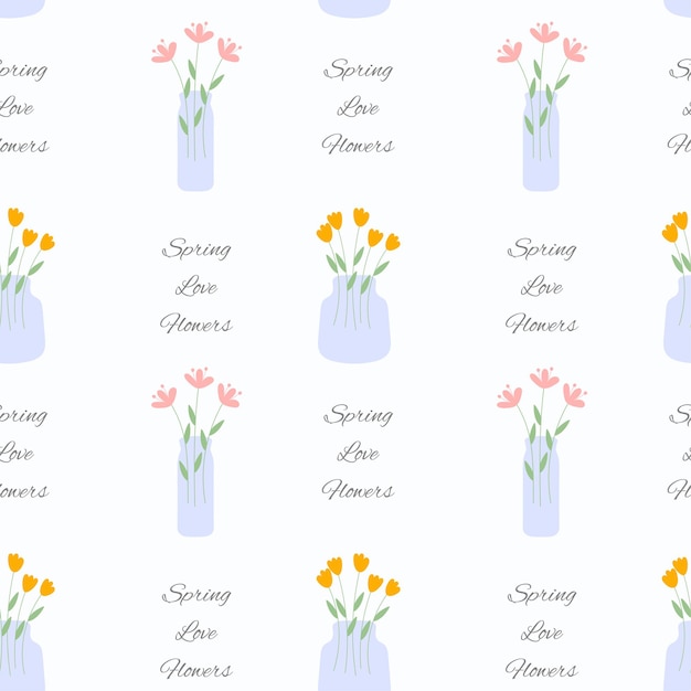花瓶の花とエレガントな春のパターン花瓶に咲く花束とシームレスなベクトルテクスチャ