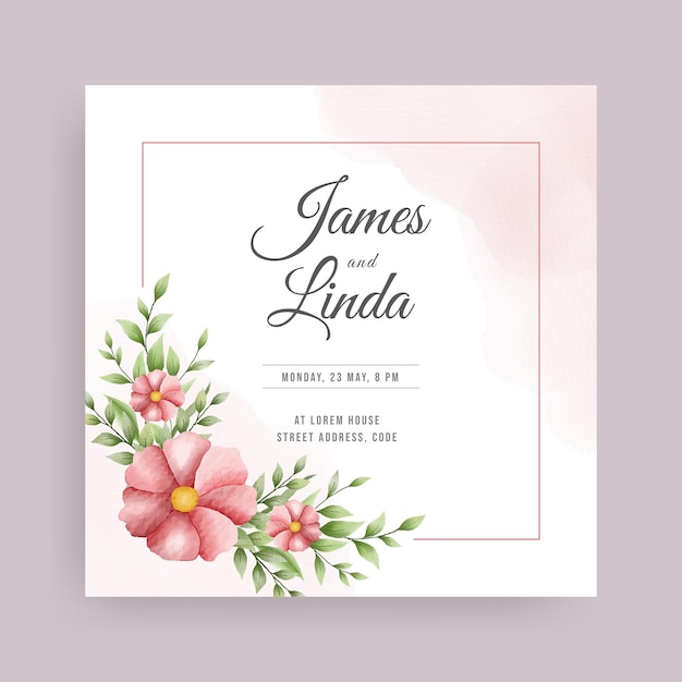 Elegant square  handdrawn watercolor floral wedding invitation card template