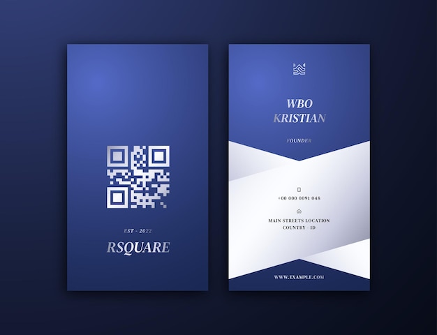 Elegant Stylish Dark Blue Silver Vertical Business Card Editable Template