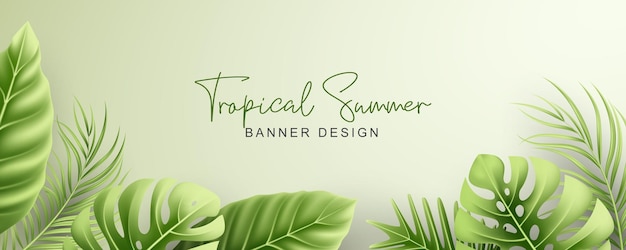 Vector elegant summer banner with realistic tropical leaves