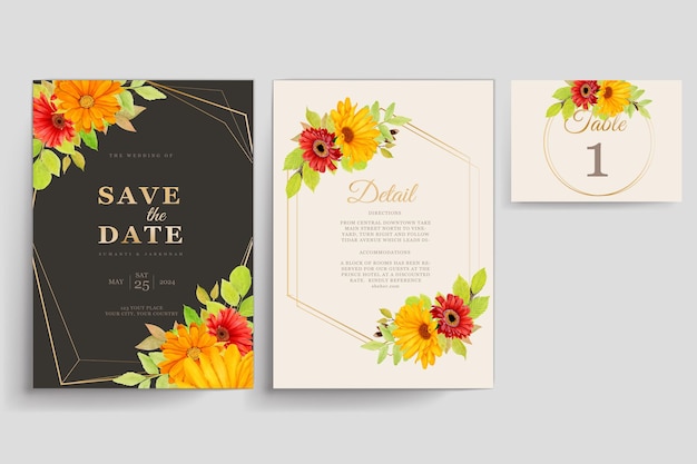 Vector elegant summer floral and leaves wedding invitation card set