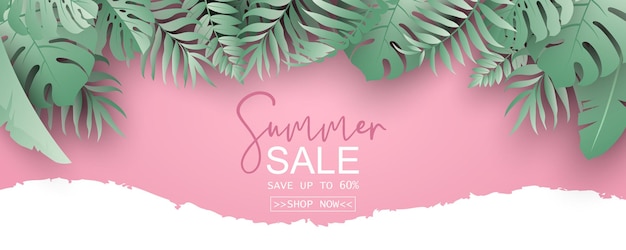 Elegant summer sale banner with tropical leaf theme