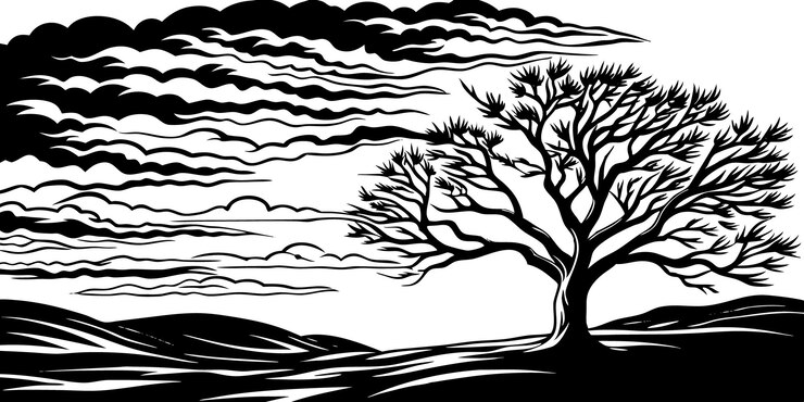 Vector elegant sunset with lone tree silhouette wind and sunlight