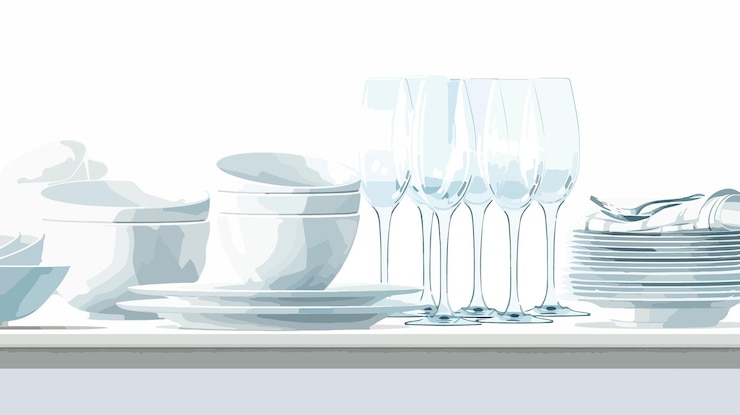 Vector elegant table setting with clean plates bowls and glasses against white background