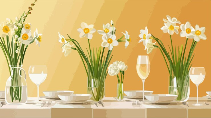 Vector elegant table setting with narcissus flowers for event decor