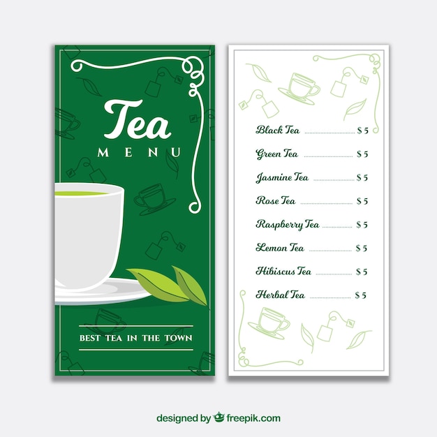 Vettore elegante modello di menu da tè con design piatto