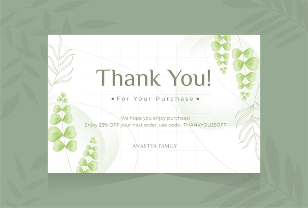 Elegant thank you card with green leaves design template