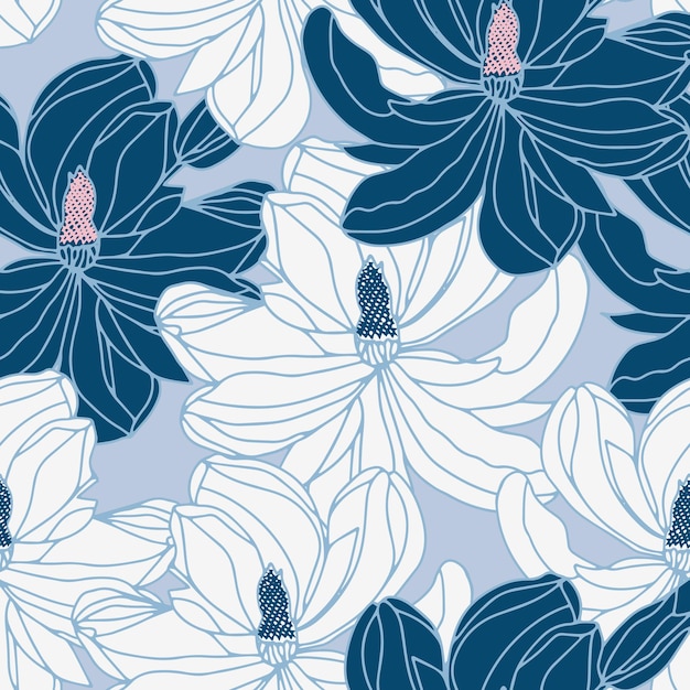 Элегантный модный узор в цветущем цветке магнолии. Ботанический узор голубых цветов. Цветочный фон