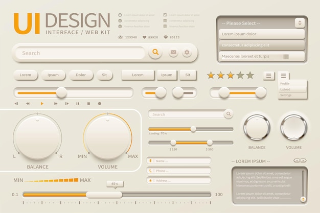 Вектор Элегантный дизайн пользовательского интерфейса с различными кнопками в бежевых и хромово-желтых тонах, 3d иллюстрация