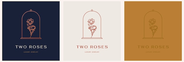 Elegant vector logo template of a rose flower in a vase in two color variations Abstract symbol in a linear style for cosmetics and packaging jewelry handicrafts or beauty products