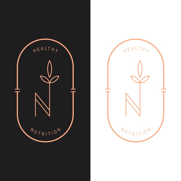 Элегантный векторный шаблон овального логотипа питания в двух цветовых вариациях. Дизайн логотипа в стиле ар-деко для брендинга элитной компании. Фирменный стиль премиум-класса. Письмо N