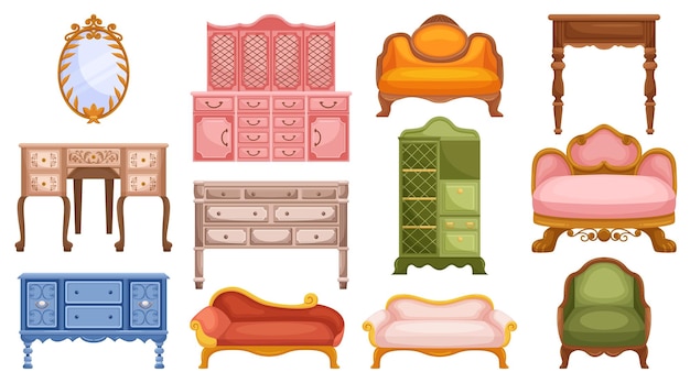 Vector elegant vintage furniture set featuring intricate woodwork and timeless design bureau dresser sofa armchairs and couch perfect for nostalgic decor in victorian style cartoon vector illustration