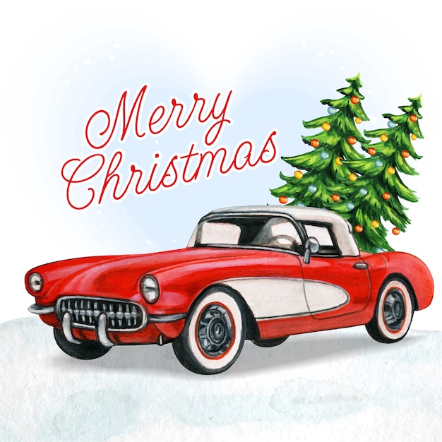 Elegant vintage red car with christmas trees and snow