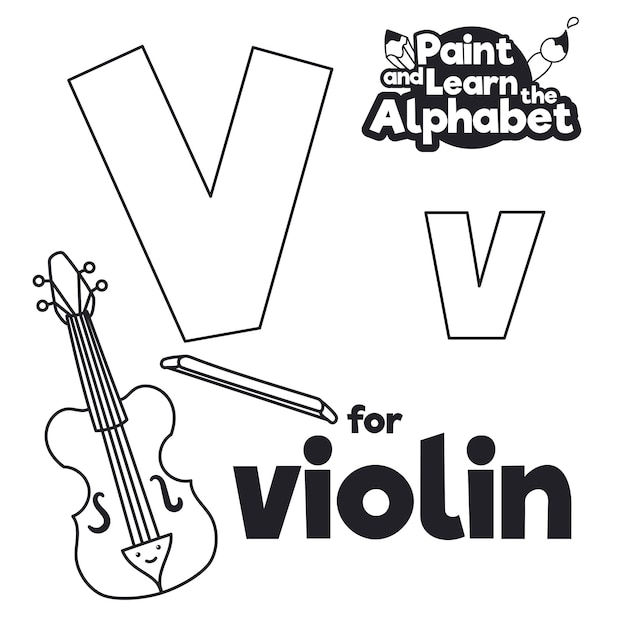 Elegant violin with bow ready for didactic grammar class of letter 'V' and coloring session