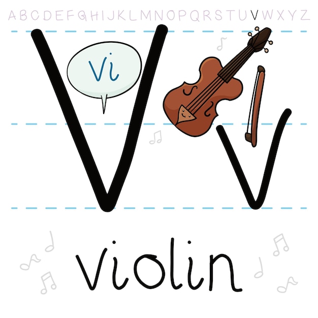 Elegante violino con le lettere v che ti insegnano come pronunciare quella lettera e l'alfabeto inglese