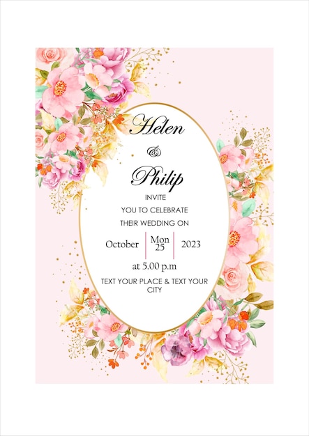 Elegant watercolor blossom wedding invitation pink background.