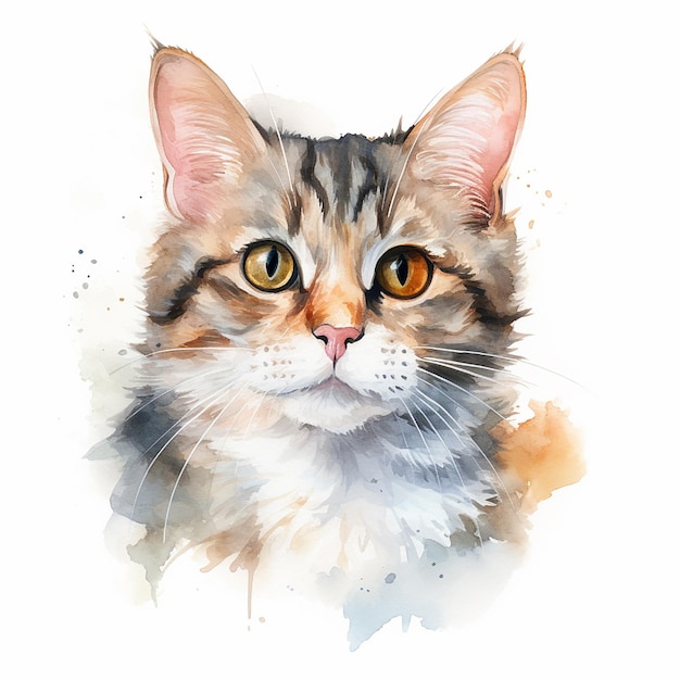 Elegant Watercolor Cat Pose with White Background